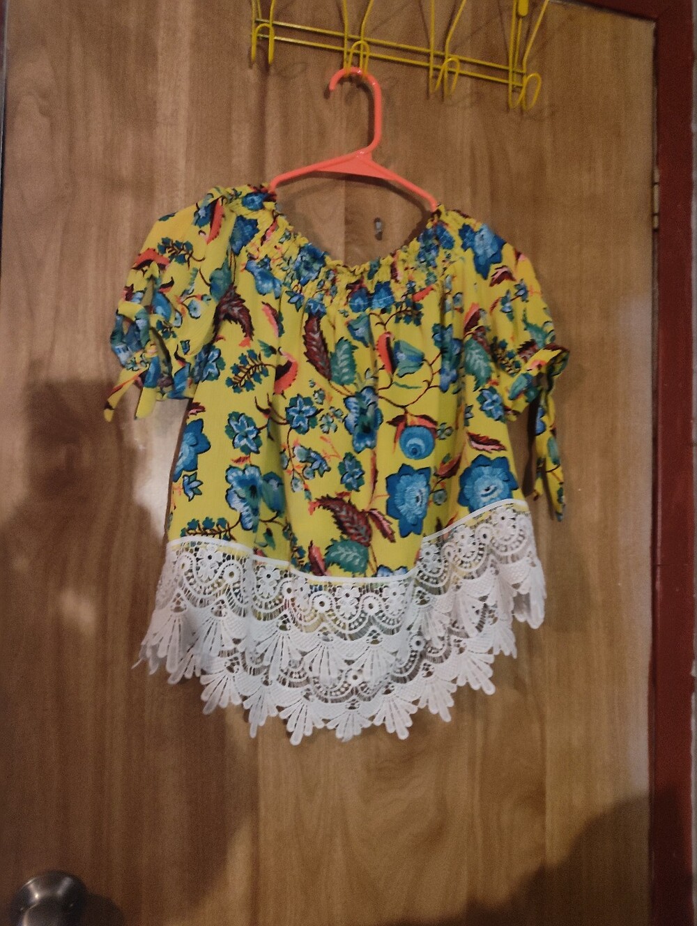 Love Bright Yellow Floral Blouse with Blue Flowers and White Lace